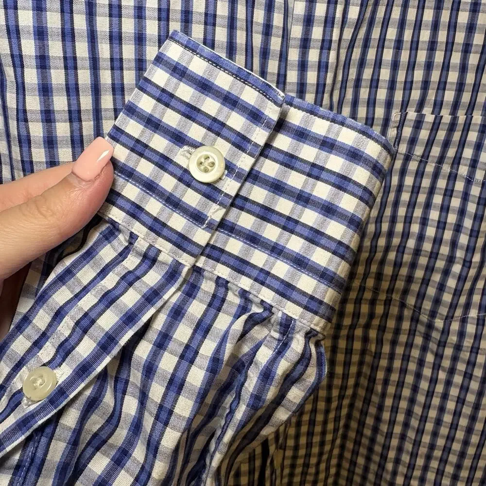 Banana Republic Button Up Men's Large 16-16.5 Fitted Blue Plaid Tailored Italy